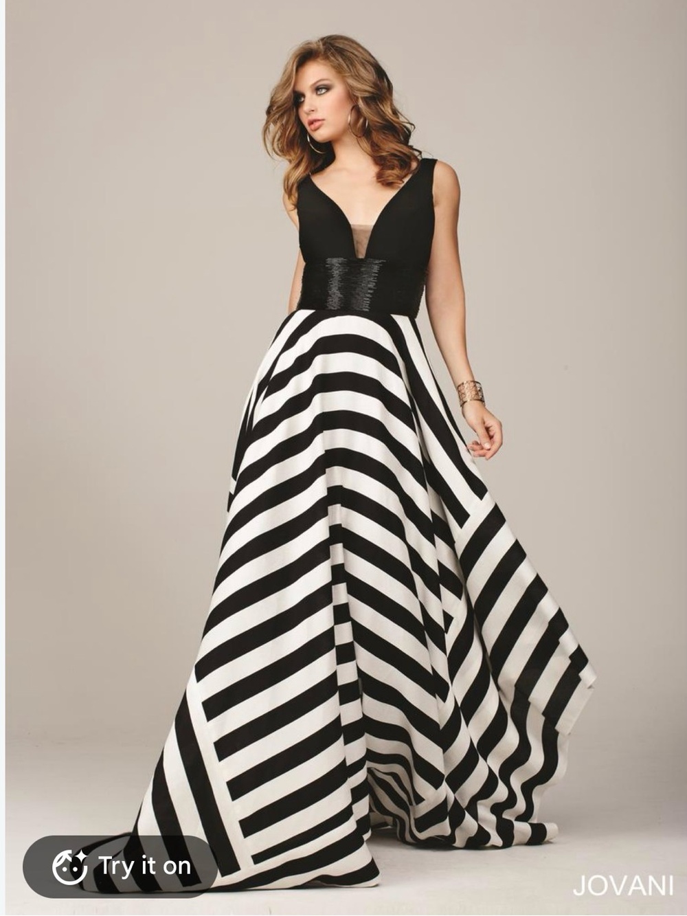 Jovani Black and White One-Shoulder Striped Maxi Dress